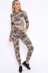 Khaki CamoTracksuit with Red and White Side Stripes - Kady-Co-ords