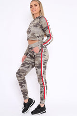 Khaki CamoTracksuit with Red and White Side Stripes - Kady-Co-ords
