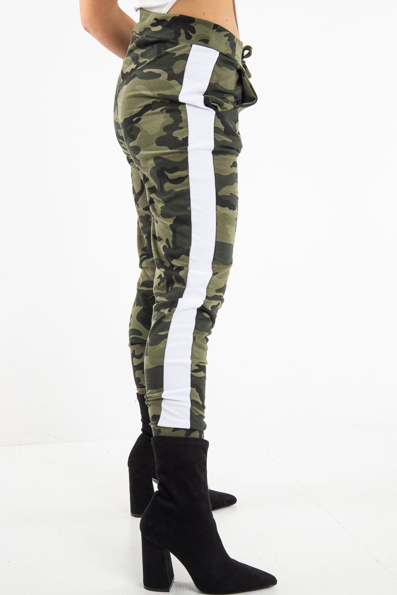 Khaki Camouflage Print Side Stripe Joggers - Shannen-Joggers