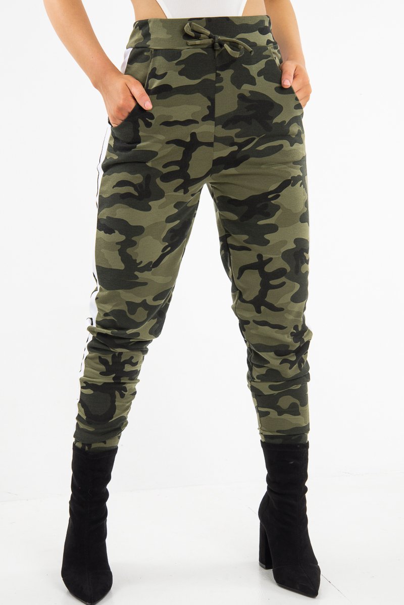 Khaki Camouflage Print Side Stripe Joggers - Shannen-Joggers