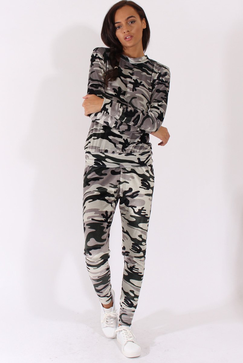 Khaki Camouflage Velvet Tracksuit - Tamsin-Tracksuits