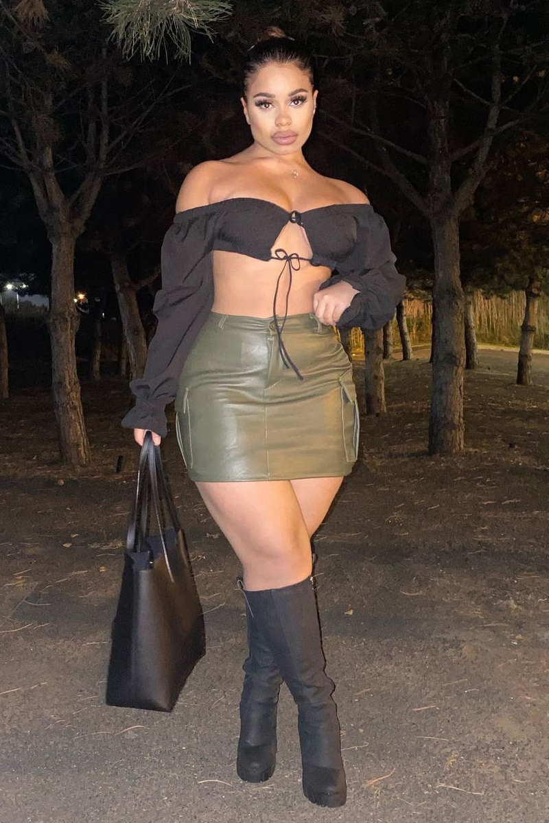 Khaki Cargo Pocket Faux Leather Mini Skirt - Taylia