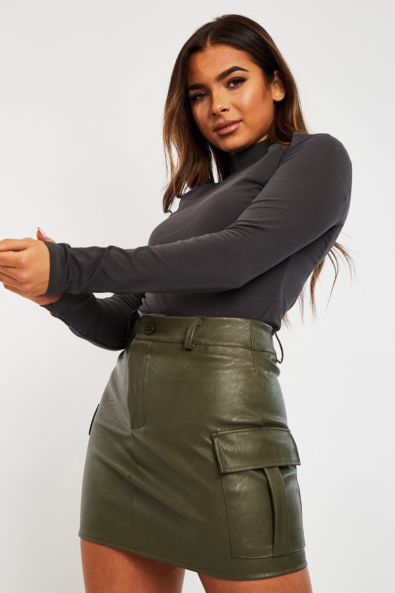 Khaki Cargo Pocket Faux Leather Mini Skirt - Taylia-Skirts