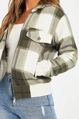 Khaki Check Zip Front Bomber Jacket - Luna-Jackets