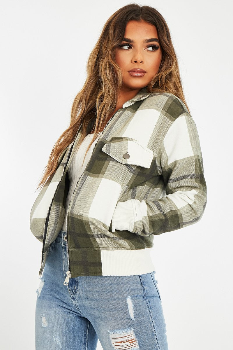Khaki Check Zip Front Bomber Jacket - Luna-Jackets