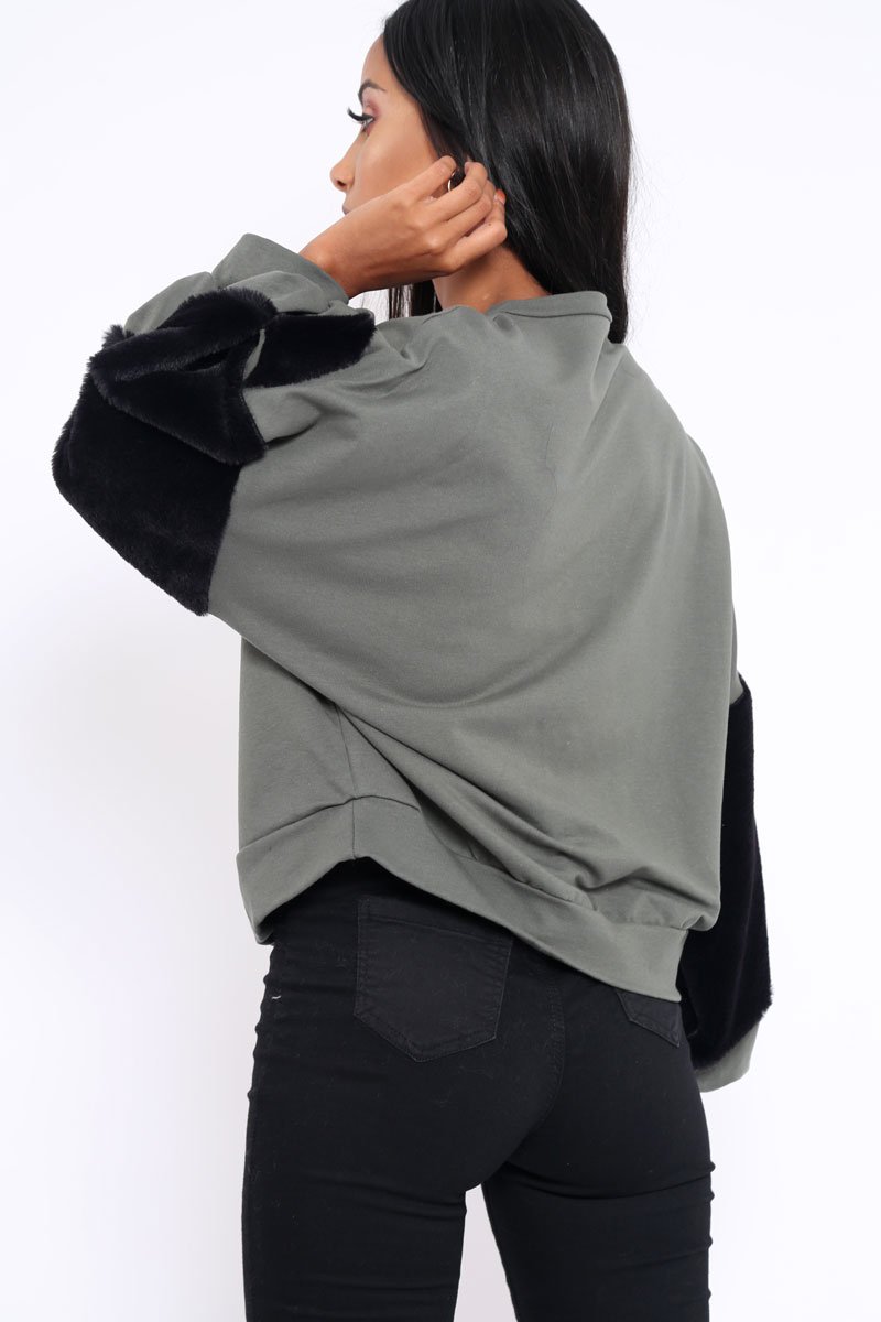 Khaki Chevron Fur Jumper - Lara-Tops