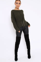 Khaki Chunky Knit Corset Waist Knitted Jumper - Mikayla-Jumper
