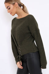 Khaki Chunky Knit Corset Waist Knitted Jumper - Mikayla-Jumper