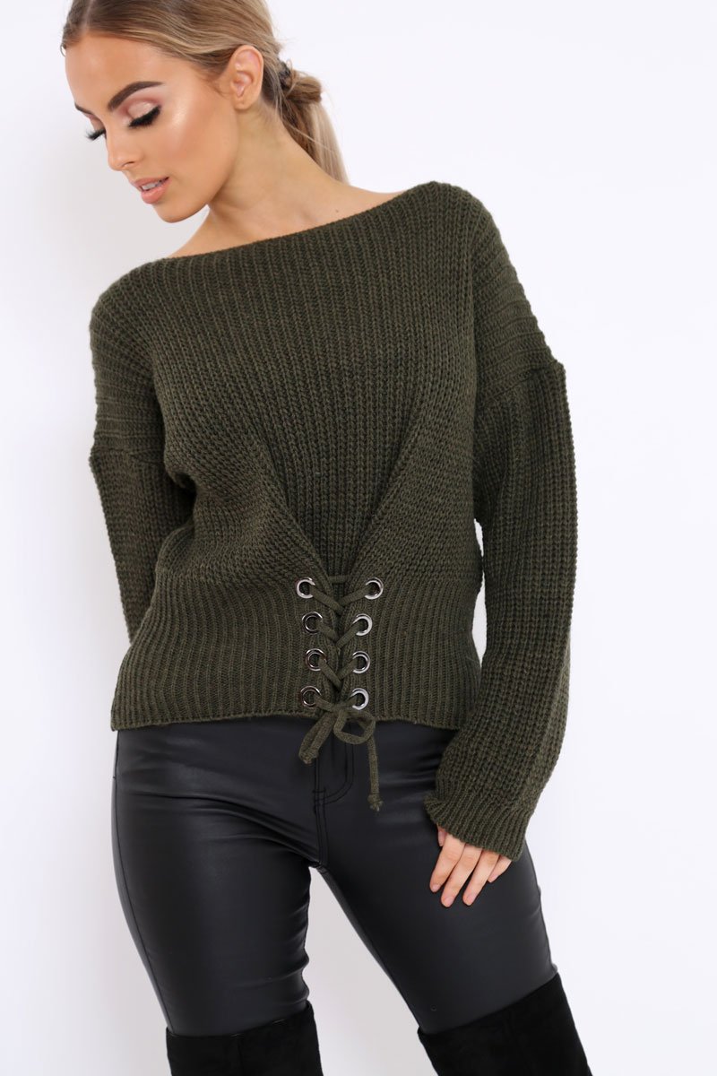 Khaki Chunky Knit Corset Waist Knitted Jumper - Mikayla-Jumper