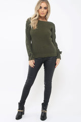 Khaki Chunky Knit Lace Up Sleeve Jumper - Sarah-Knitwear