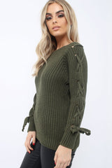 Khaki Chunky Knit Lace Up Sleeve Jumper - Sarah-Knitwear