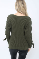 Khaki Chunky Knit Lace Up Sleeve Jumper - Sarah-Knitwear