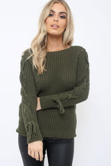 Khaki Chunky Knit Lace Up Sleeve Jumper - Sarah-Knitwear