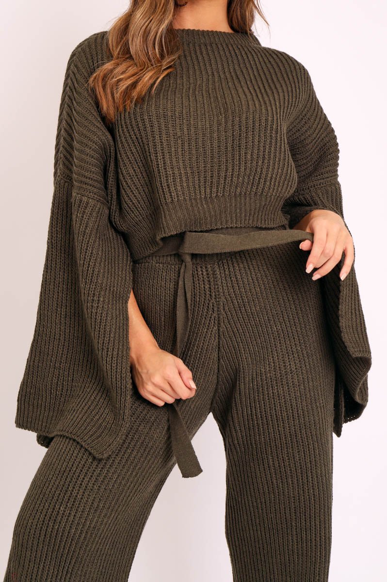 Khaki Chunky Knit Loungewear Set - Harper-Loungewear