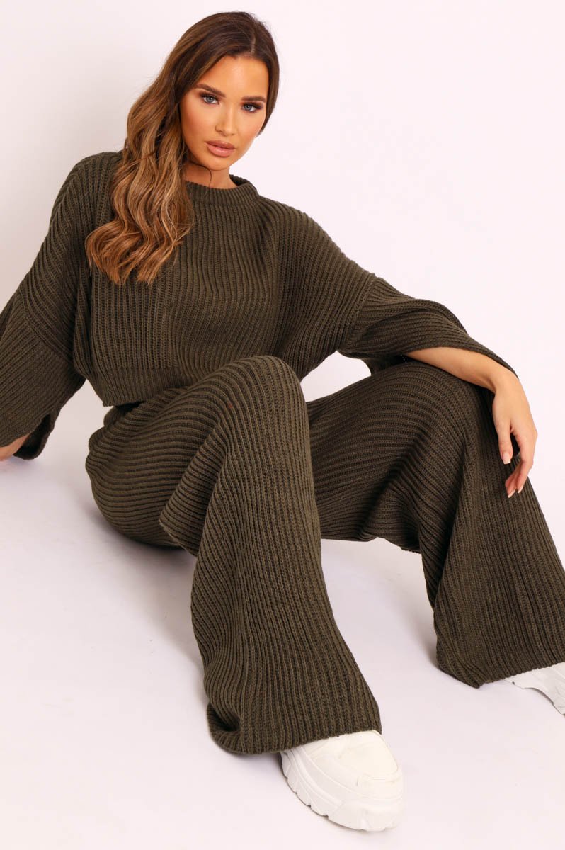 Khaki Chunky Knit Loungewear Set - Harper-Loungewear