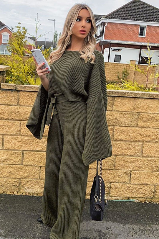 Khaki Chunky Knit Loungewear Set - Harper