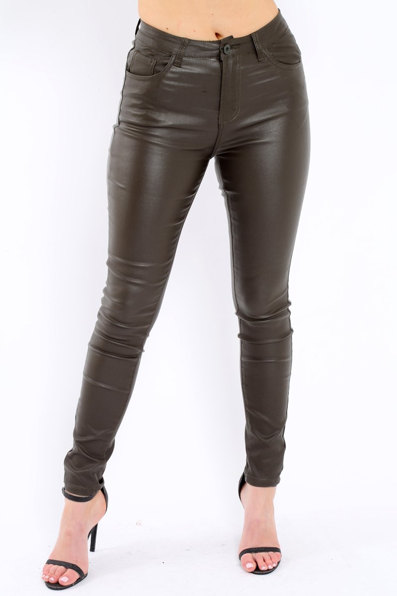 Khaki Coated Skinny Jeans - Teya-Jeans