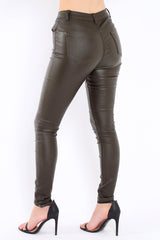 Khaki Coated Skinny Jeans - Teya-Jeans