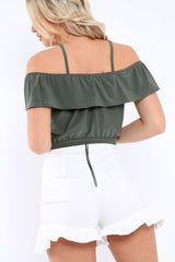 Khaki Cold Shoulder Crop Top - Clora-Tops