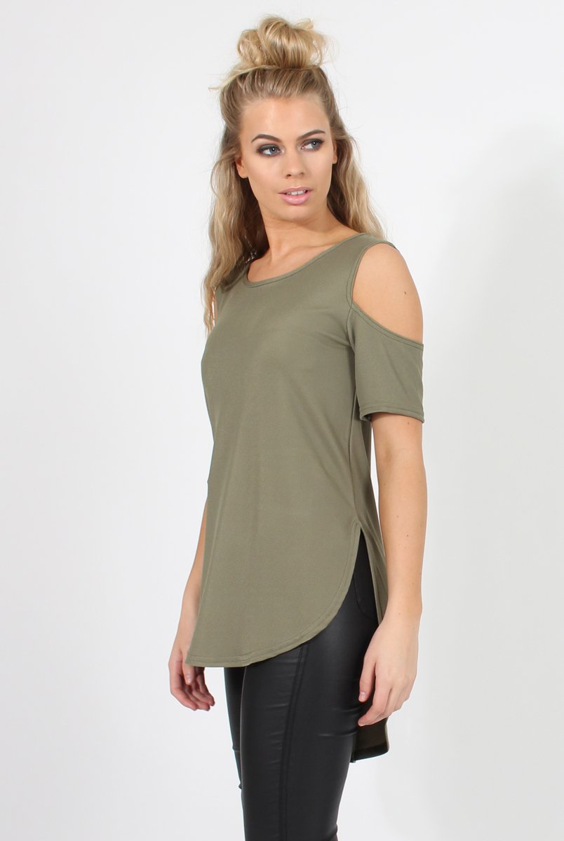 Khaki Cold Shoulder Dipped Hem Top - Kay-Tops