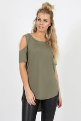 Khaki Cold Shoulder Dipped Hem Top - Kay-Tops