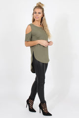 Khaki Cold Shoulder Dipped Hem Top - Kay-Tops