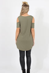 Khaki Cold Shoulder Dipped Hem Top - Kay-Tops