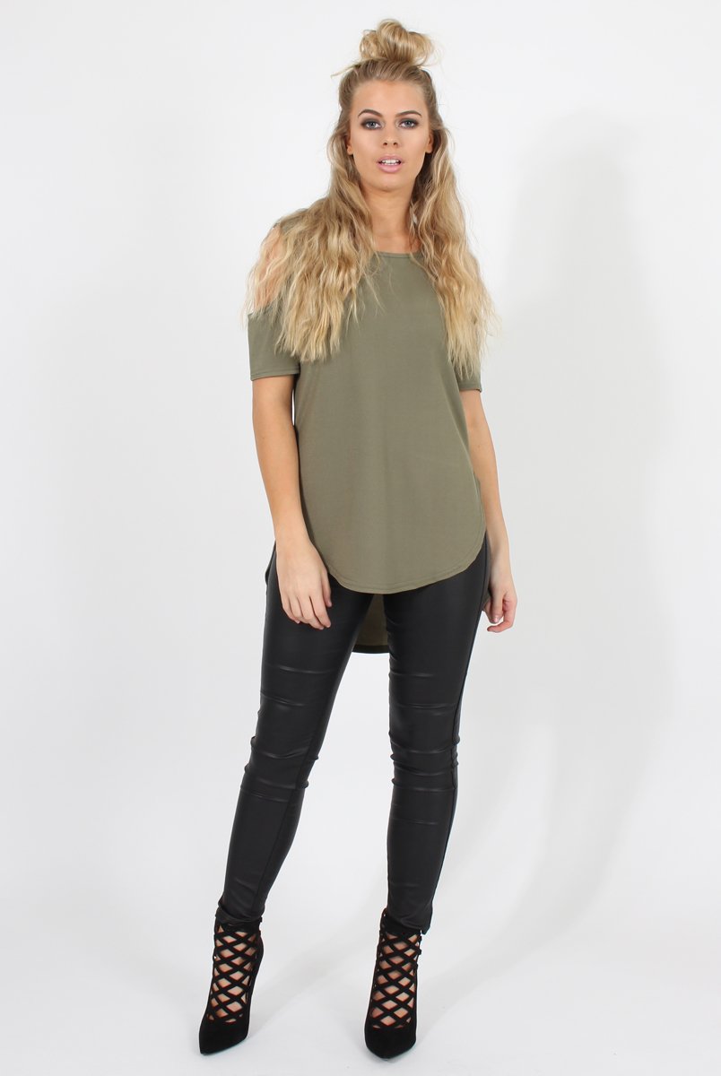 Khaki Cold Shoulder Dipped Hem Top - Kay-Tops