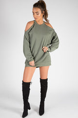 Khaki Cold Shoulder Distressed Jumper Dress - Kylie-Jumper