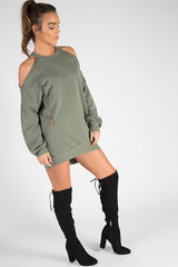 Khaki Cold Shoulder Distressed Jumper Dress - Kylie-Jumper