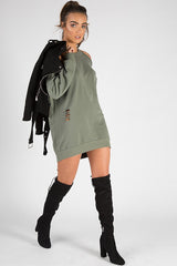 Khaki Cold Shoulder Distressed Jumper Dress - Kylie-Jumper