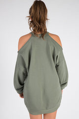 Khaki Cold Shoulder Distressed Jumper Dress - Kylie-Jumper