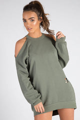 Khaki Cold Shoulder Distressed Jumper Dress - Kylie-Jumper