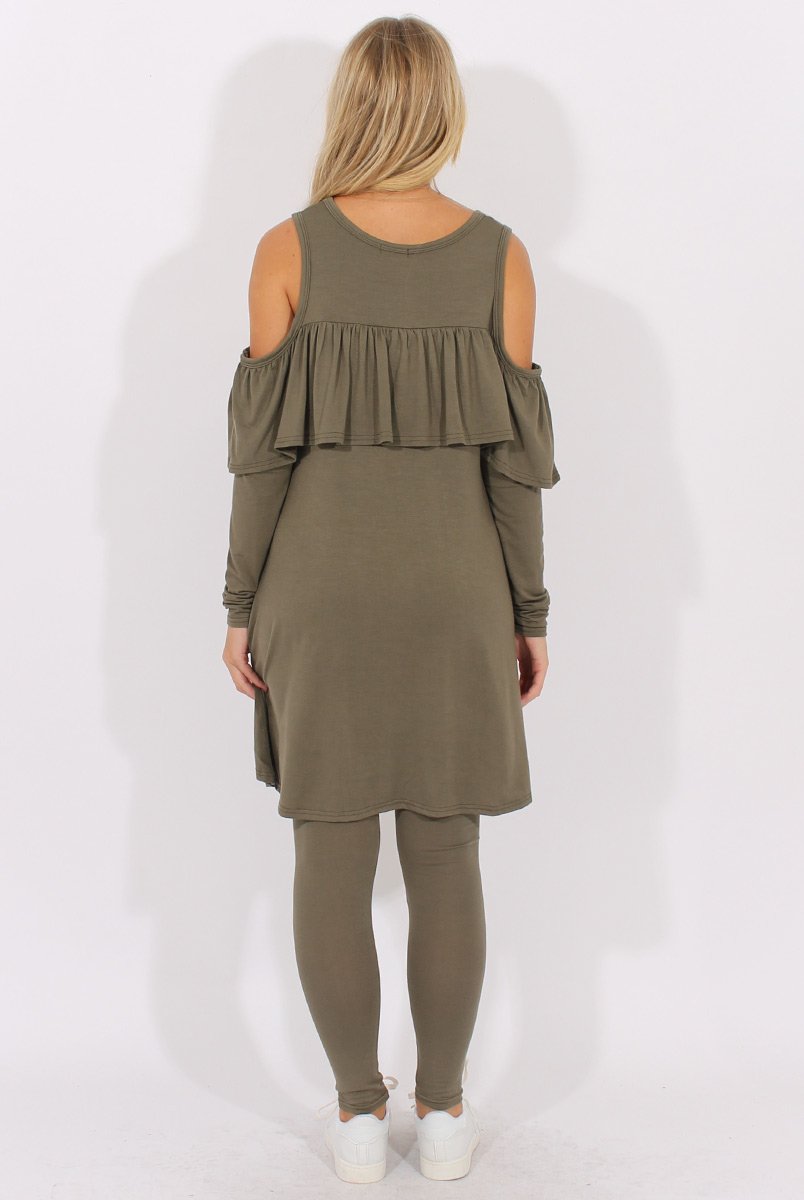 Khaki Cold Shoulder Frill Dipped Hem Tracksuit - Tammy-Tracksuits
