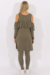 Khaki Cold Shoulder Frill Dipped Hem Tracksuit - Tammy-Tracksuits