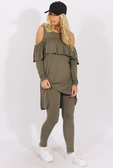 Khaki Cold Shoulder Frill Dipped Hem Tracksuit - Tammy-Tracksuits