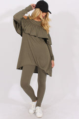 Khaki Cold Shoulder Frill Dipped Hem Tracksuit - Tammy-Tracksuits