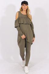 Khaki Cold Shoulder Frill Dipped Hem Tracksuit - Tammy-Tracksuits