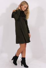 Khaki Cold Shoulder Frill Layer Swing Dress - Megan-Dresses