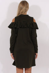 Khaki Cold Shoulder Frill Layer Swing Dress - Megan-Dresses