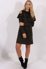 Khaki Cold Shoulder Frill Layer Swing Dress - Megan-Dresses