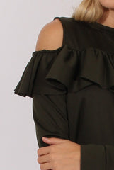 Khaki Cold Shoulder Frill Layer Swing Dress - Megan-Dresses