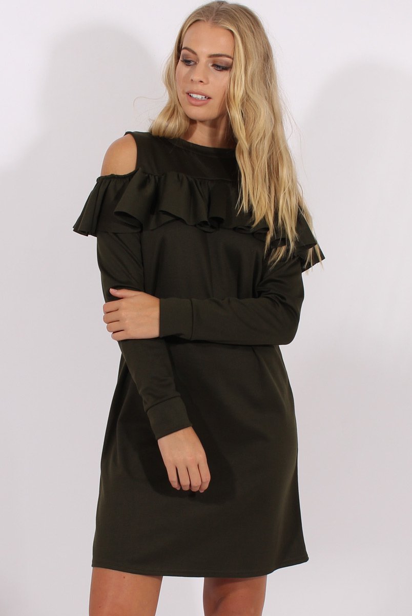 Khaki Cold Shoulder Frill Layer Swing Dress - Megan-Dresses