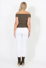 Khaki Cold Shoulder Ribbed Top - Elsa-Tops