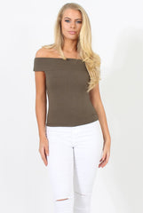 Khaki Cold Shoulder Ribbed Top - Elsa-Tops