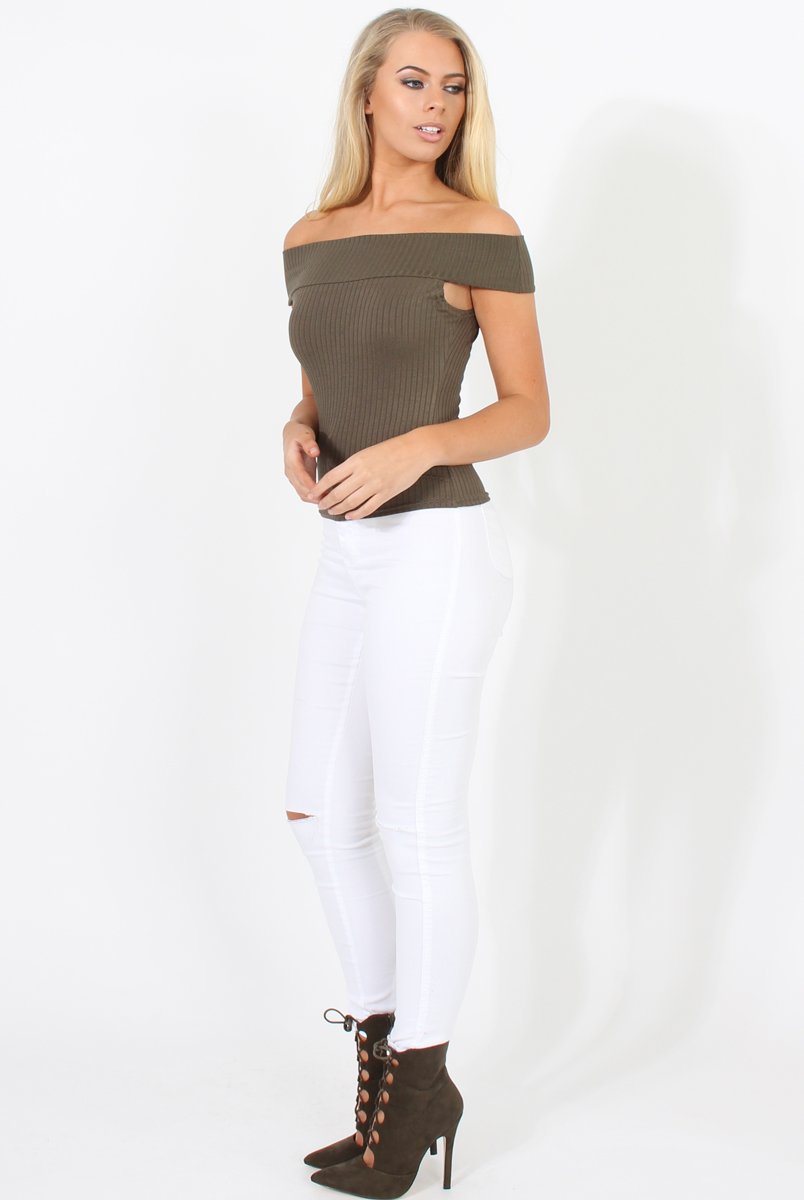 Khaki Cold Shoulder Ribbed Top - Elsa-Tops