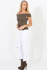 Khaki Cold Shoulder Ribbed Top - Elsa-Tops