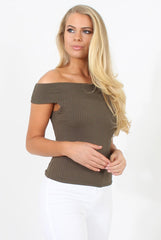 Khaki Cold Shoulder Ribbed Top - Elsa-Tops