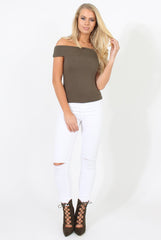 Khaki Cold Shoulder Ribbed Top - Elsa-Tops