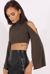 Khaki Cold Shoulder Split Sleeve Crop Top - Opal-Crop Tops